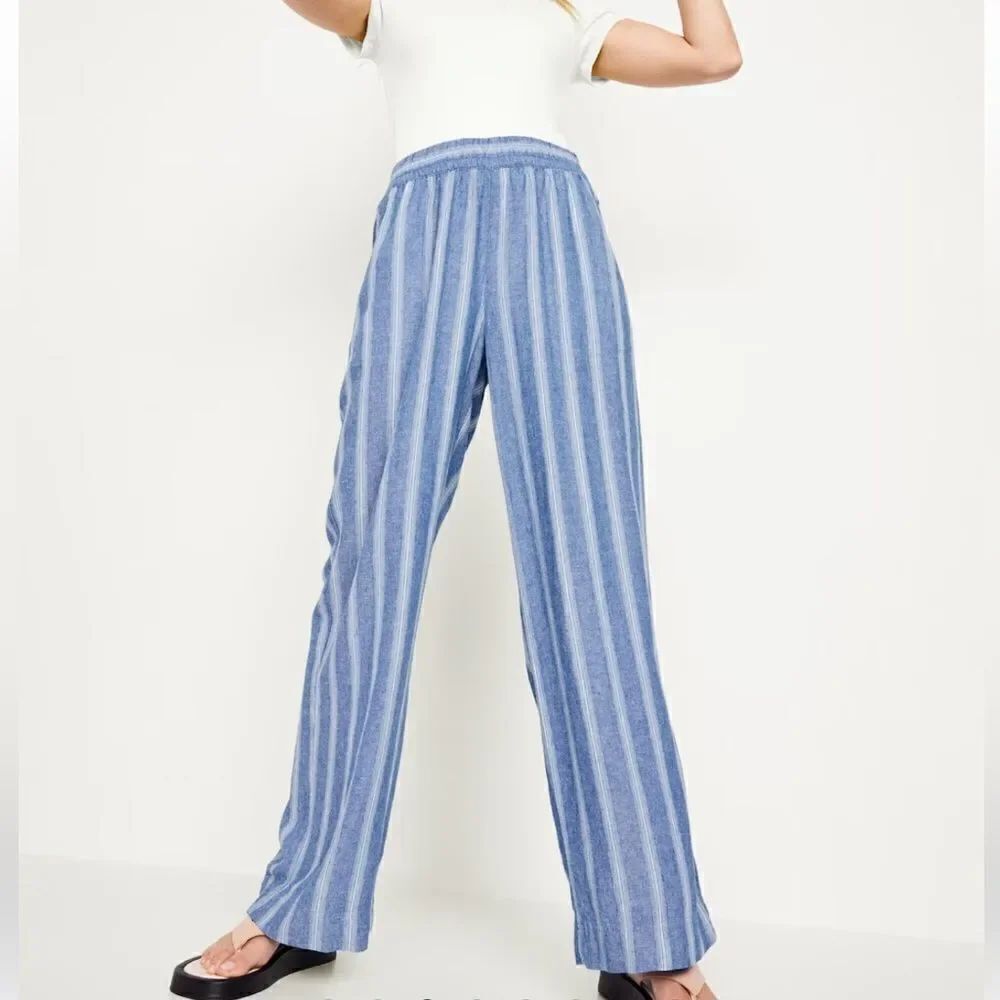 NWT Old Navy High-Waisted Linen-Blend Wide-Leg Pants XXL Striped